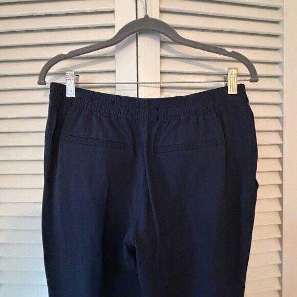 Theory pull-on pleated pants 6 navy viscose elastic waist pockets silky *flaw* - Picture 4 of 10